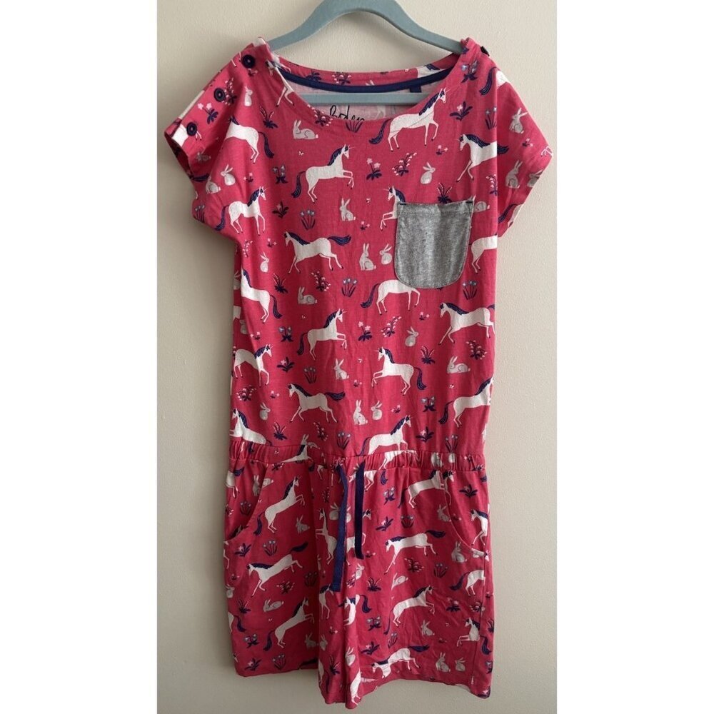 Mini Boden Pink Unicorn Romper Button Pockets Kids Girls 11/12 Cinched Waist